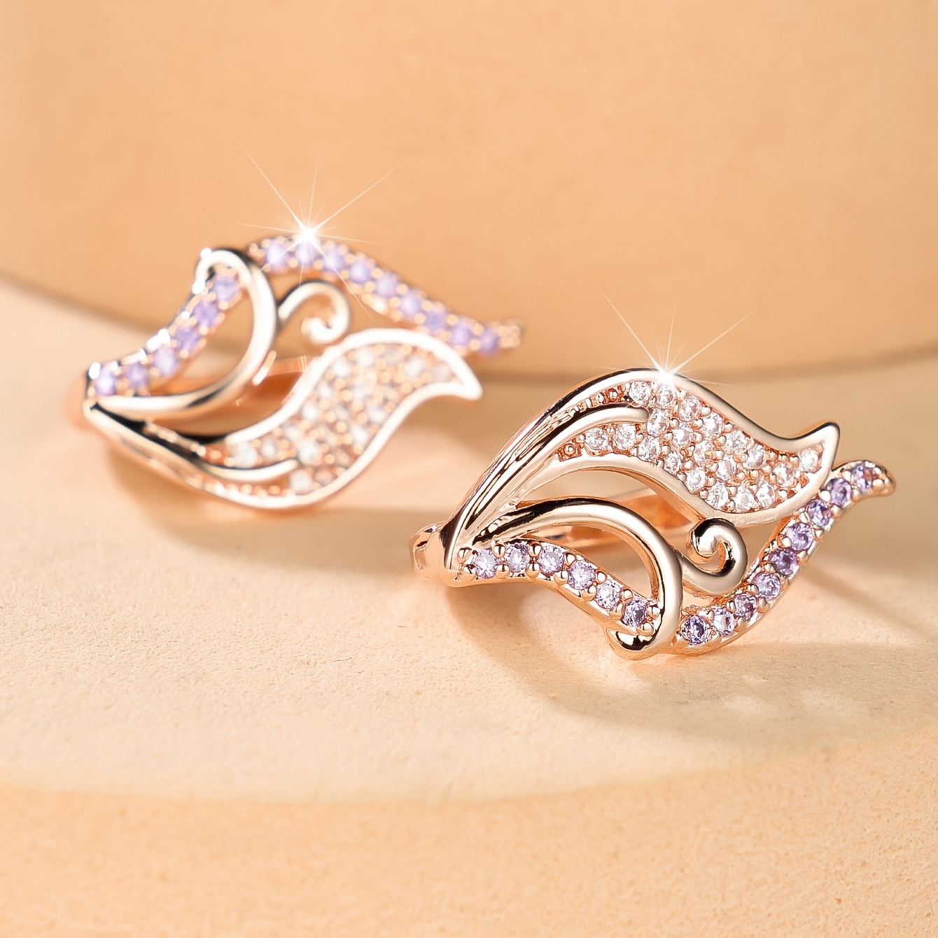 Women's Two-Tone Cubic Zirconia Hollow Flame Scroll Ear Cuffs